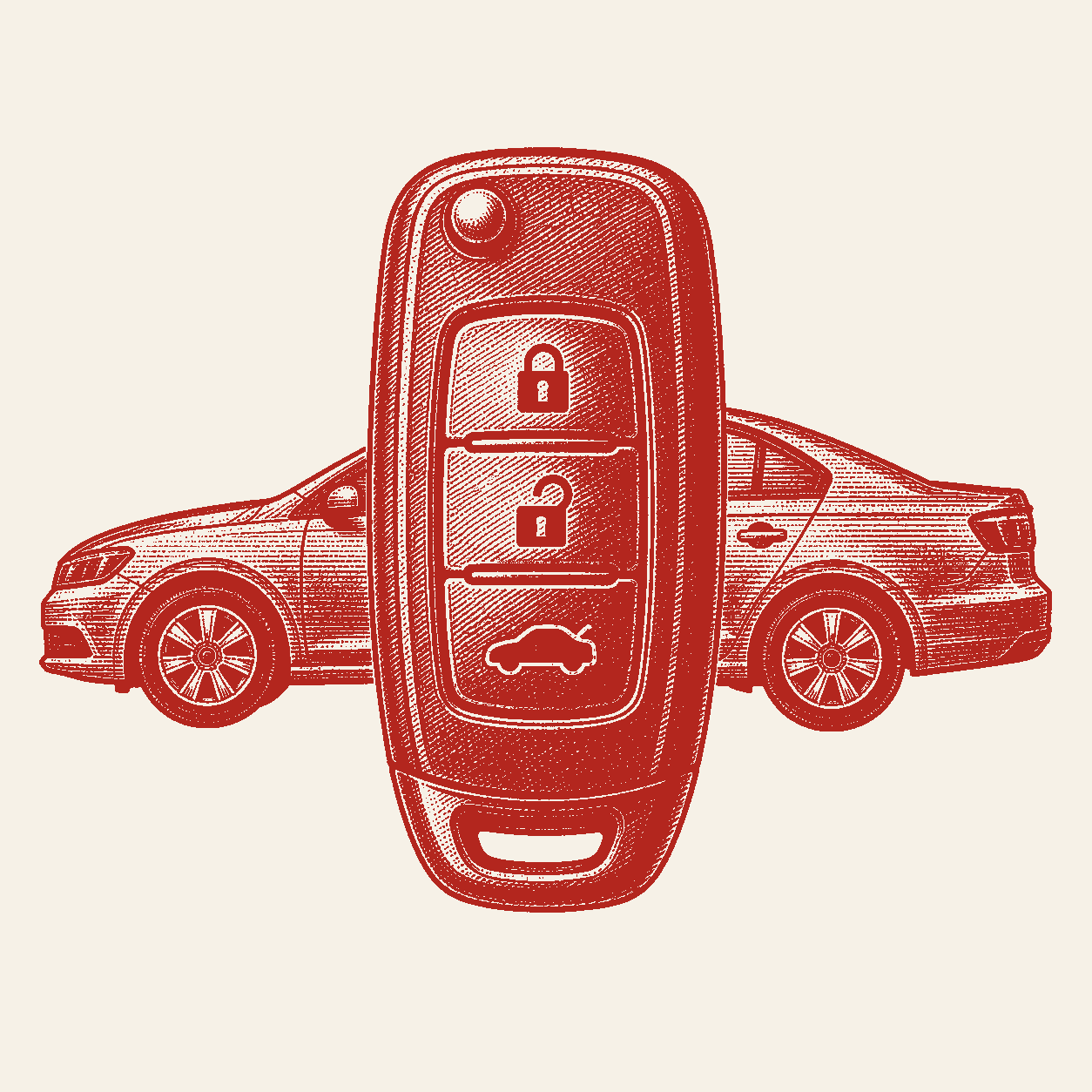 A white car with a red key fob sending a dashed unlock signal